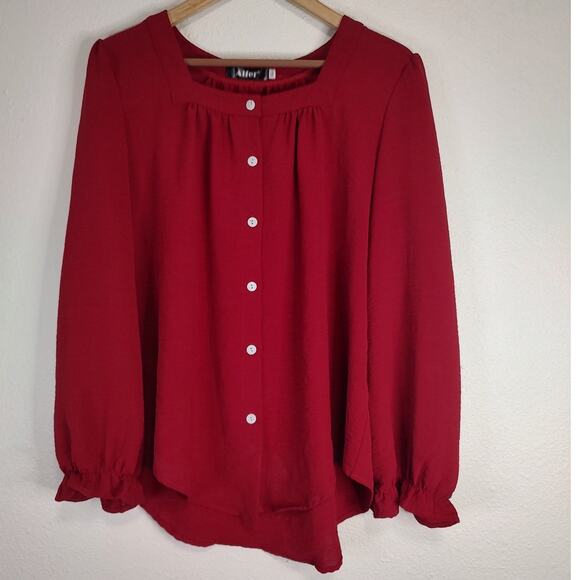Aifer Tops - Aifer Red Square Neck Long Sleeve Button Front Blouse Size XL